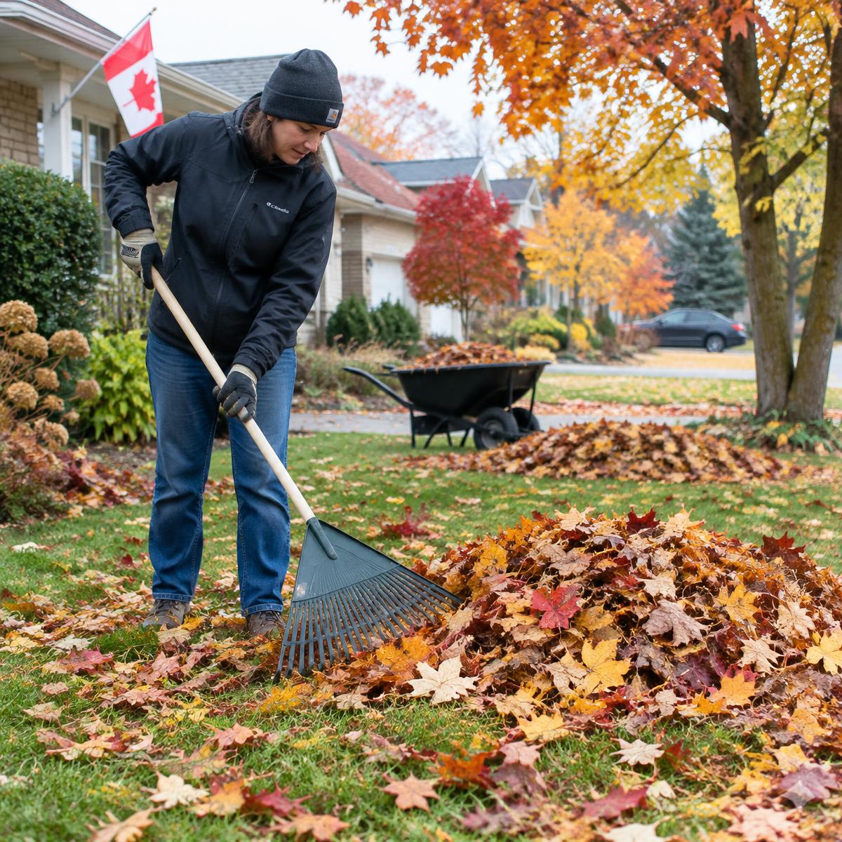 Fall leaf cleanup on a front lawn