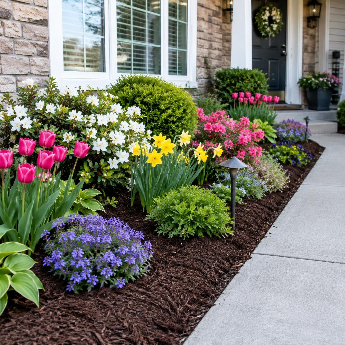 Spring flower bed with fresh mulch