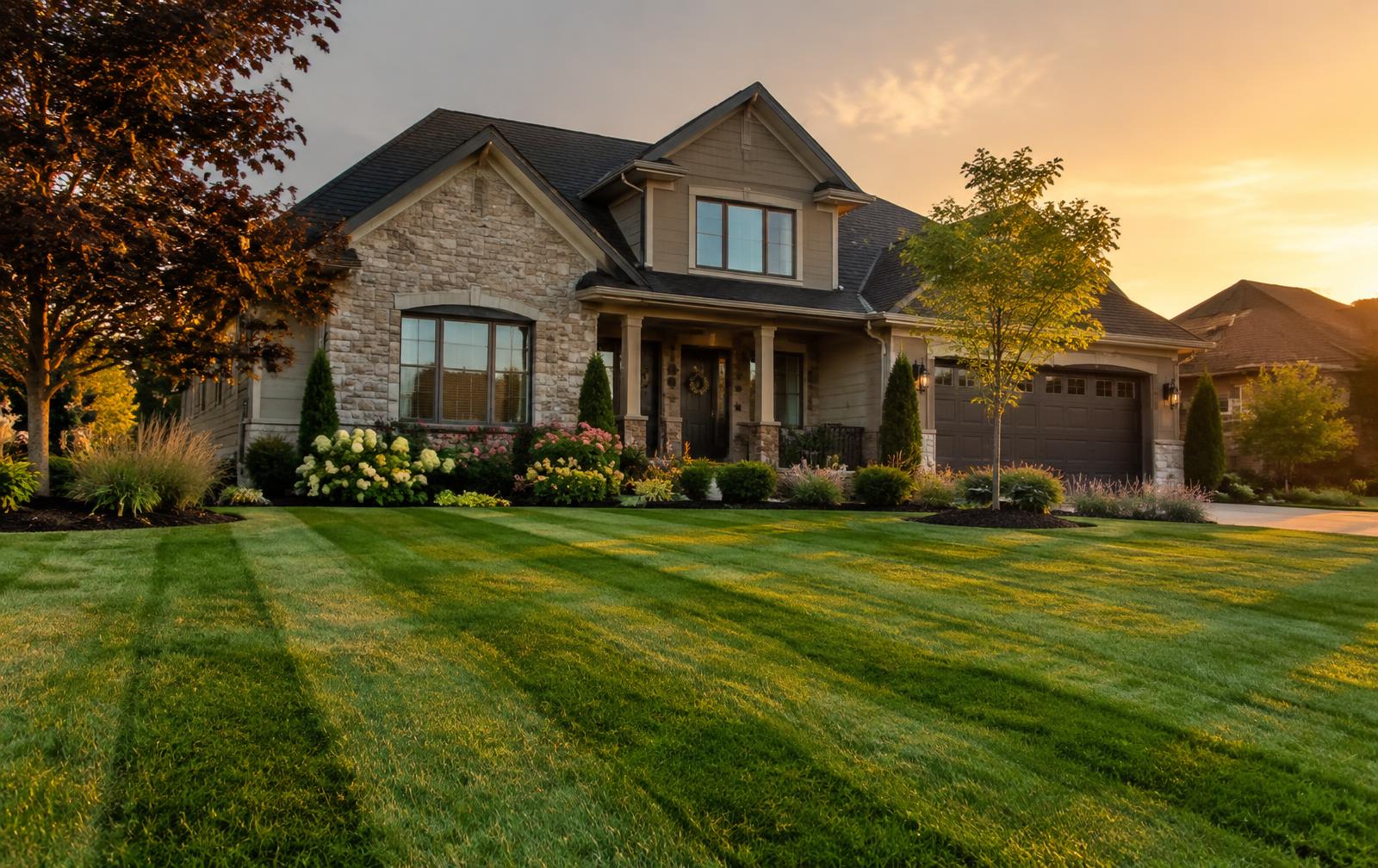 Striped front lawn at sunset